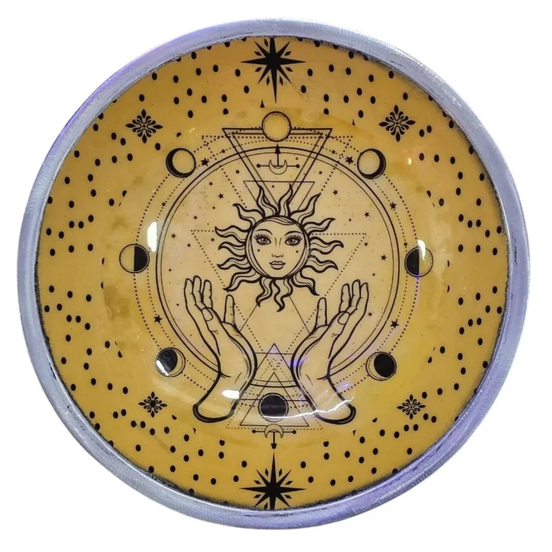 Triple Leg Enamelled Offering Plate - Hands & Sun Ritual Bowls and Cauldrons