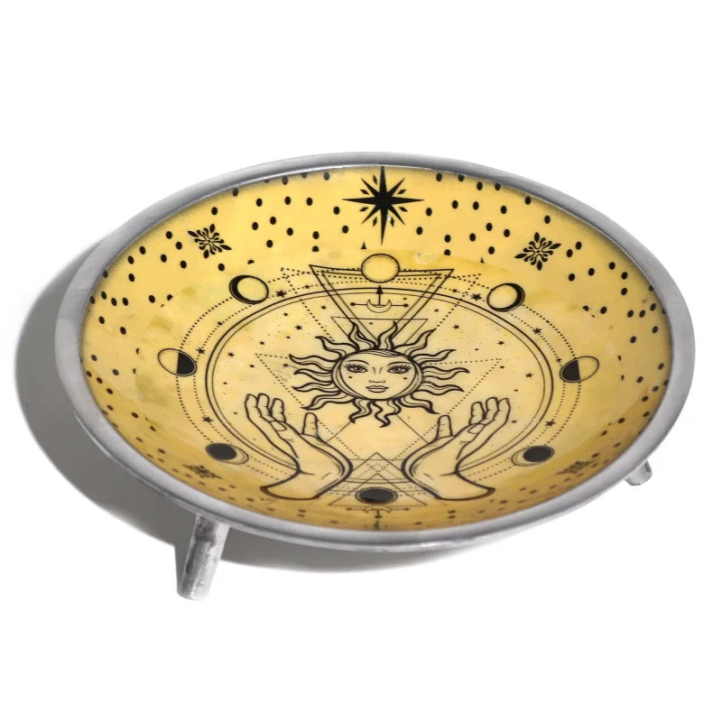 Triple Leg Enamelled Offering Plate - Hands & Sun Ritual Bowls and Cauldrons