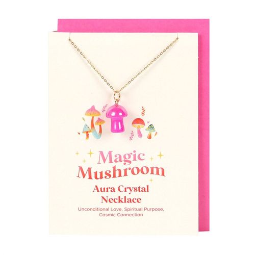 Pink Aura Crystal Mushroom Necklace Greeting Card From Witch, Please!