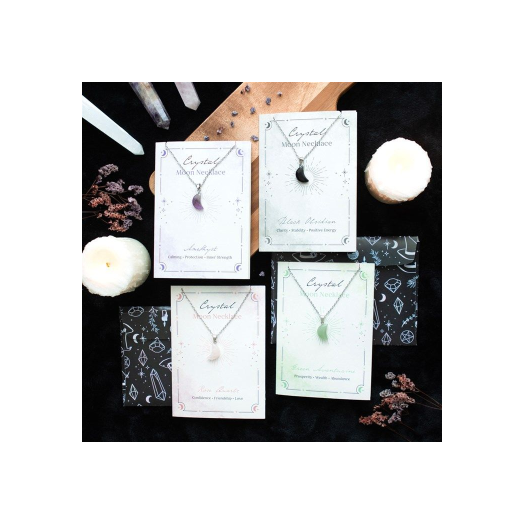 Green Aventurine Crystal Moon Necklace on Greeting Card From Witch, Please!