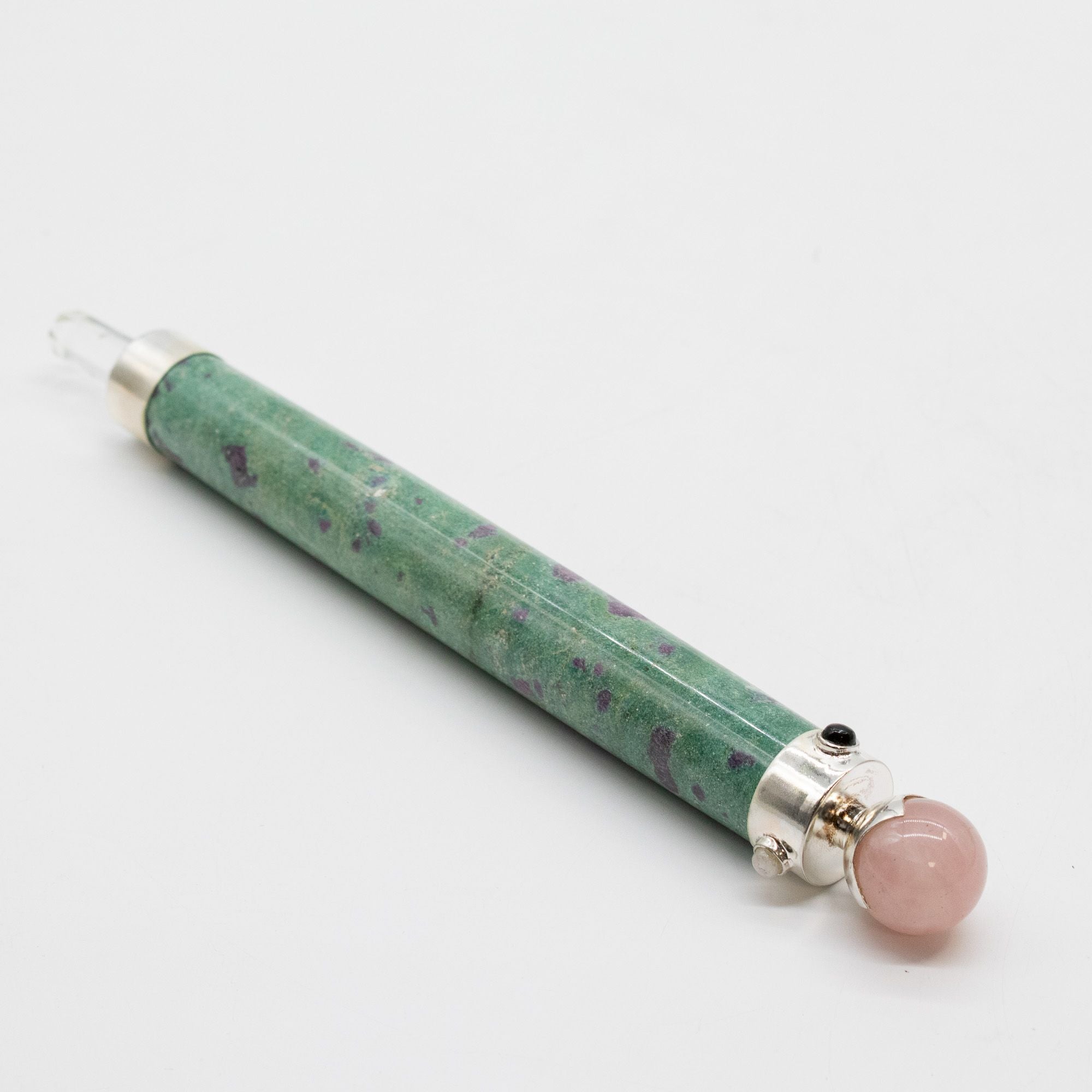 Verdant Heart Wand - Ruby Fuchsite Rose Quartz Crystal Ball top - 23cm Healing Wands