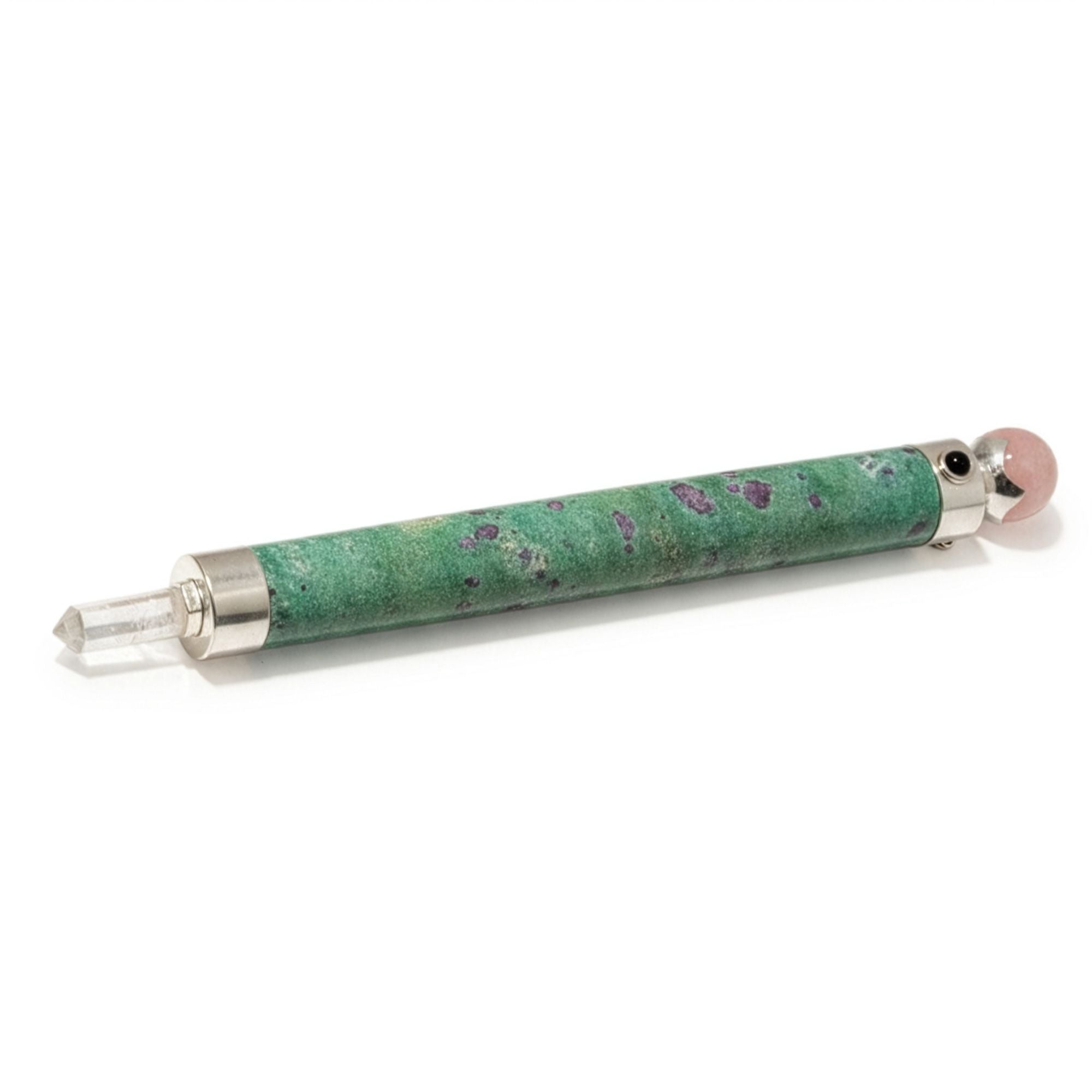 Verdant Heart Wand - Ruby Fuchsite Rose Quartz Crystal Ball top - 23cm Healing Wands