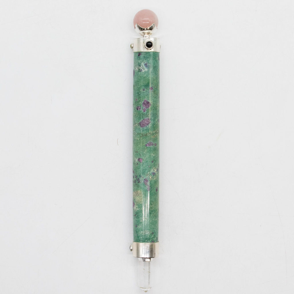 Verdant Heart Wand - Ruby Fuchsite Rose Quartz Crystal Ball top - 23cm Healing Wands
