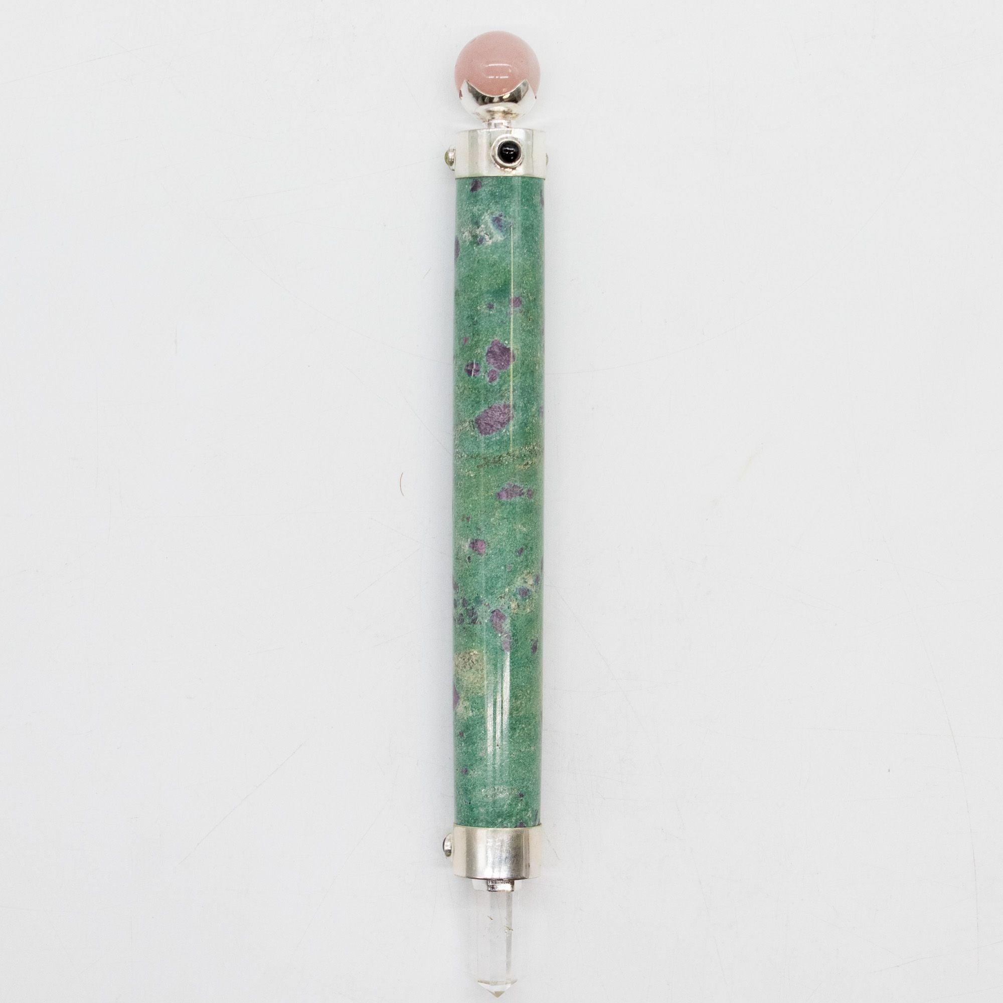 Verdant Heart Wand - Ruby Fuchsite Rose Quartz Crystal Ball top - 23cm Healing Wands
