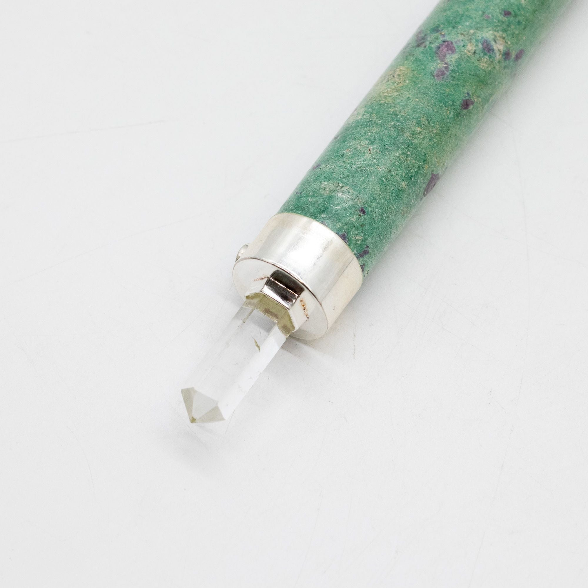 Verdant Heart Wand - Ruby Fuchsite Rose Quartz Crystal Ball top - 23cm Healing Wands