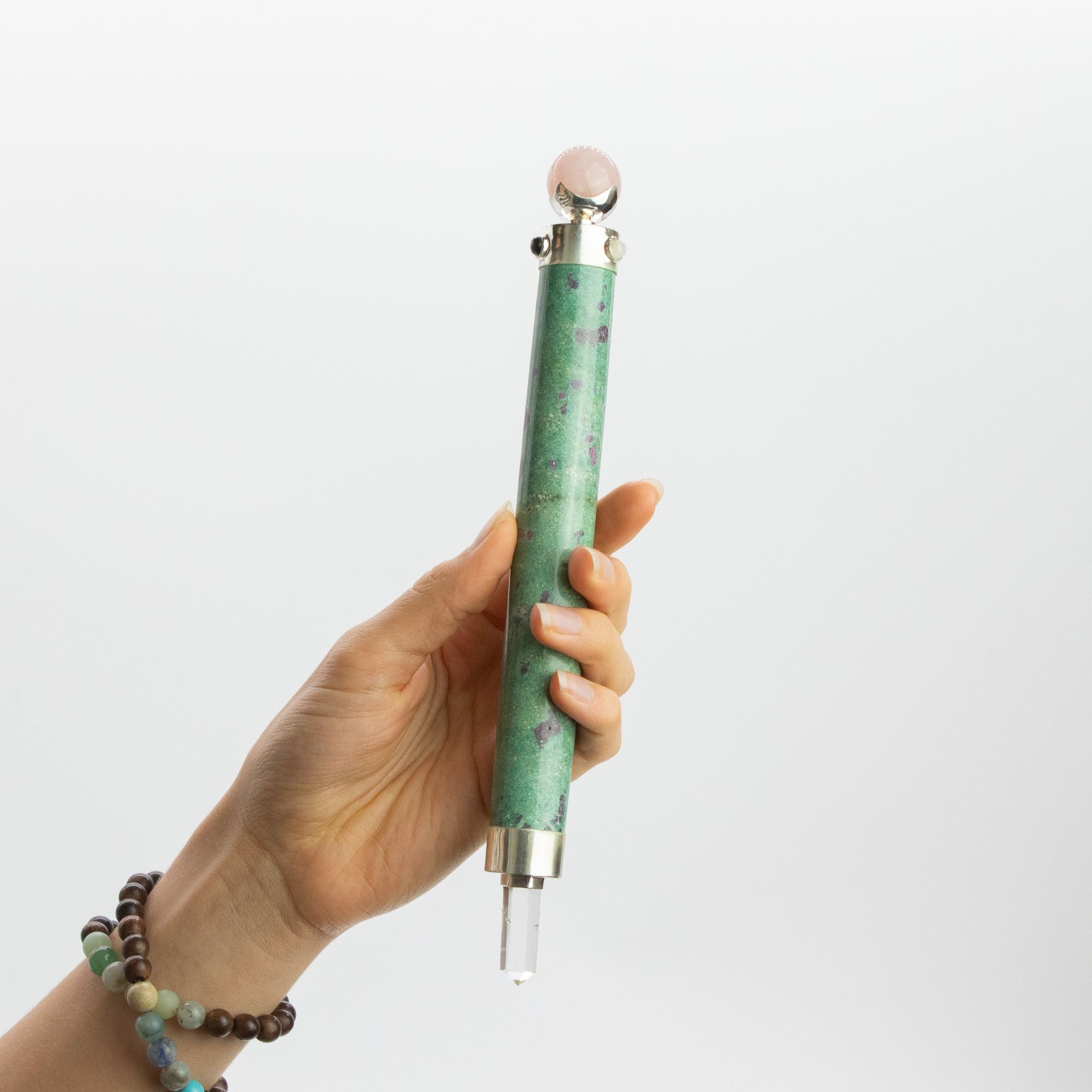 Verdant Heart Wand - Ruby Fuchsite Rose Quartz Crystal Ball top - 23cm Healing Wands