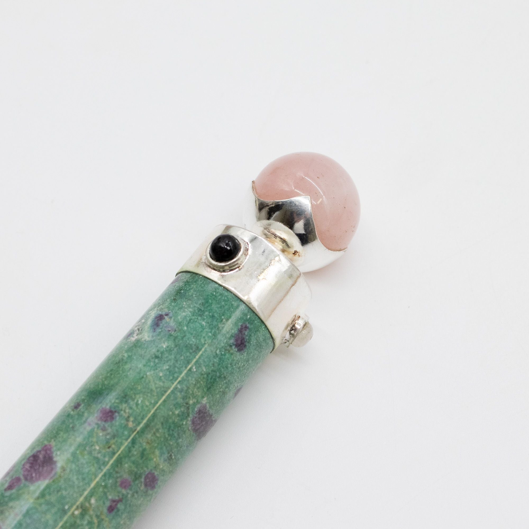Verdant Heart Wand - Ruby Fuchsite Rose Quartz Crystal Ball top - 23cm Healing Wands