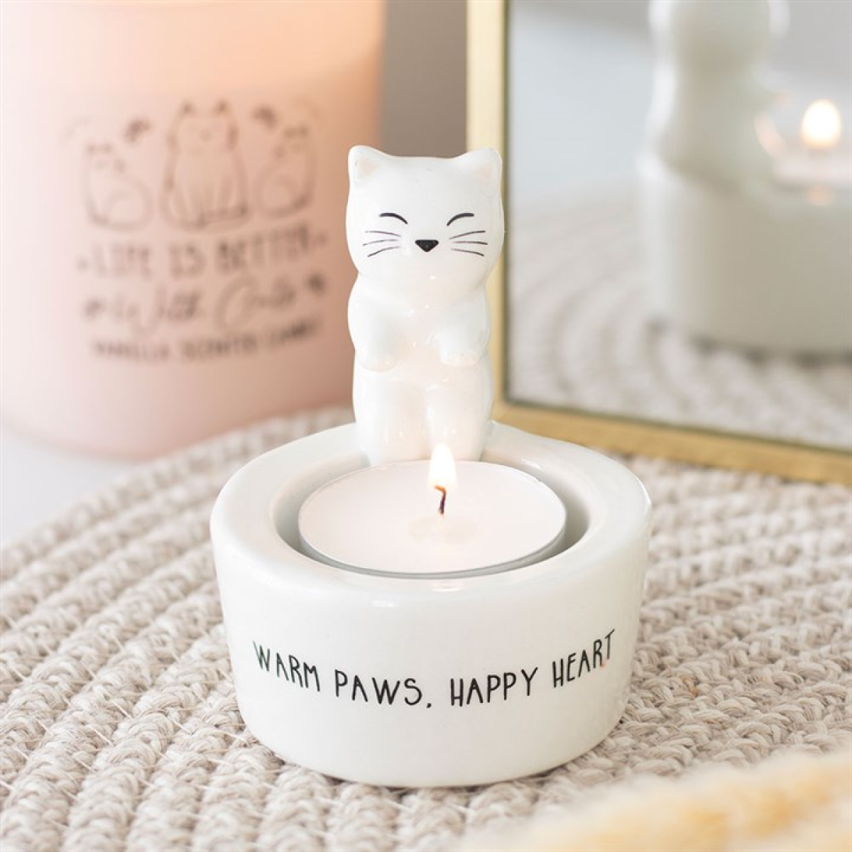 Warm Paws Happy Heart Cat Tealight Holder Candle