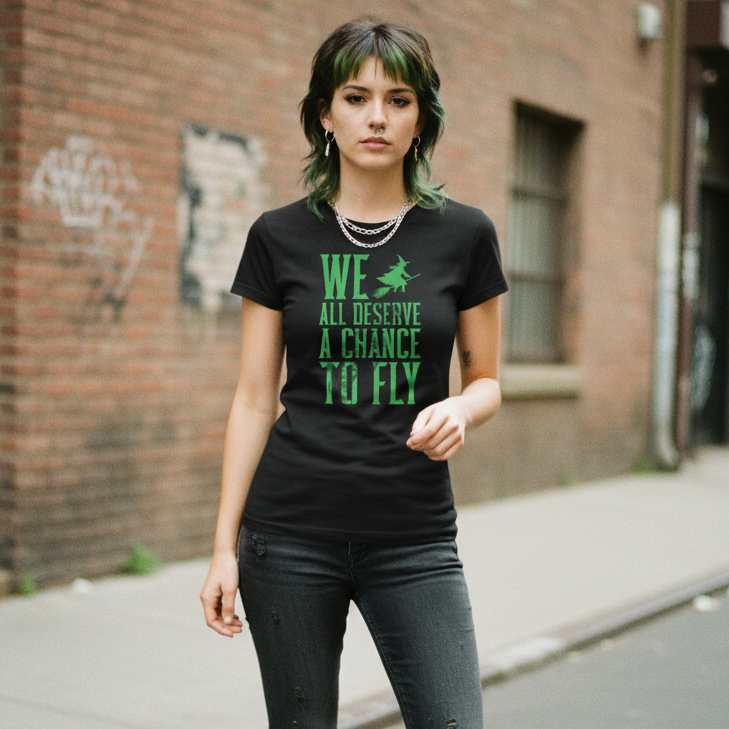 We All Deserve a Chance to Fly Classic Women’s Crewneck Black T-Shirt – Witch on Broomstick Design