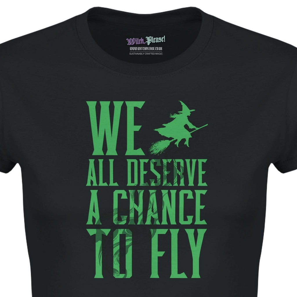 We All Deserve a Chance to Fly Classic Women’s Crewneck Black T-Shirt – Witch on Broomstick Design