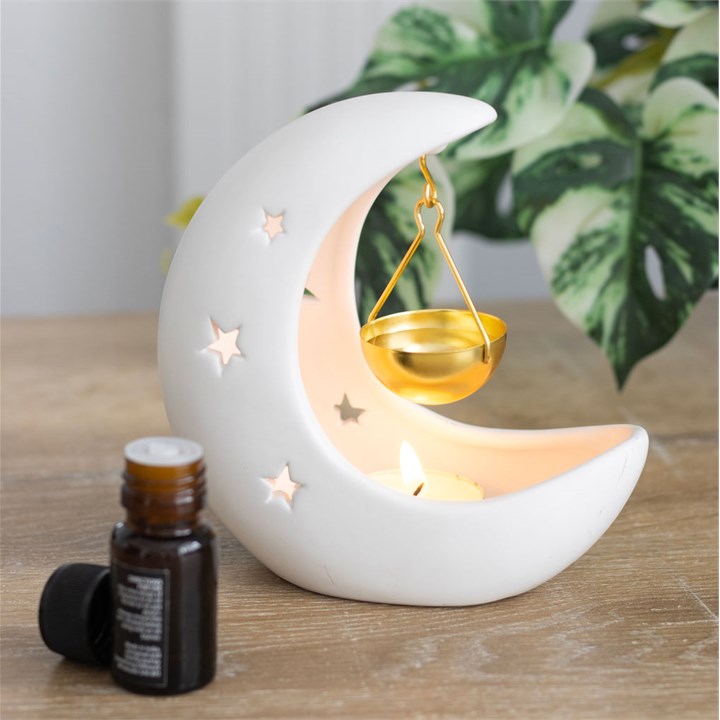 White Crescent Moon Oil Burner with Gold Dish