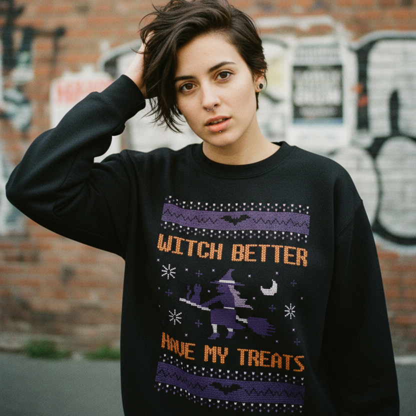 'Witch Better Have My Treats' Ugly Knitted Jumper Design Halloween Sweatshirt