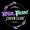 Logo for 'Witch Please! Coven Club' with decorative elements on a black background
