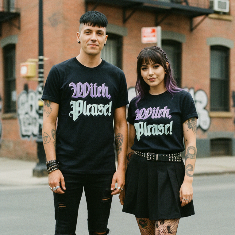 A man and a woman standing on a city street wearing matching black graphic t-shirts with the text 'Witch Please!' in purple and white gothic lettering.