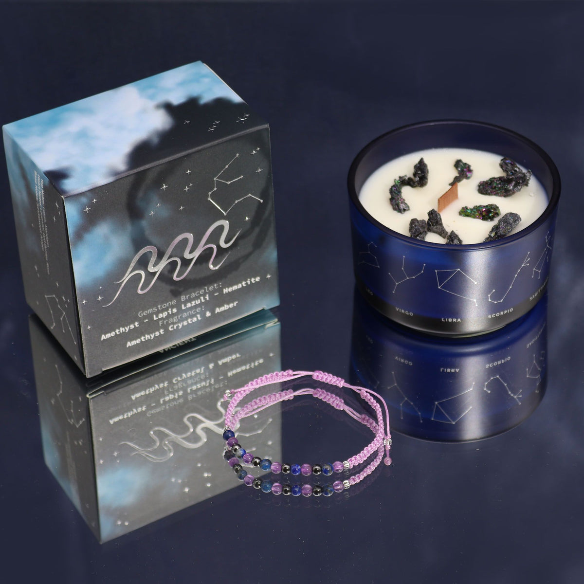 Zodiac Crystal Candle with Gemstone Bracelet - Aquarious Candles