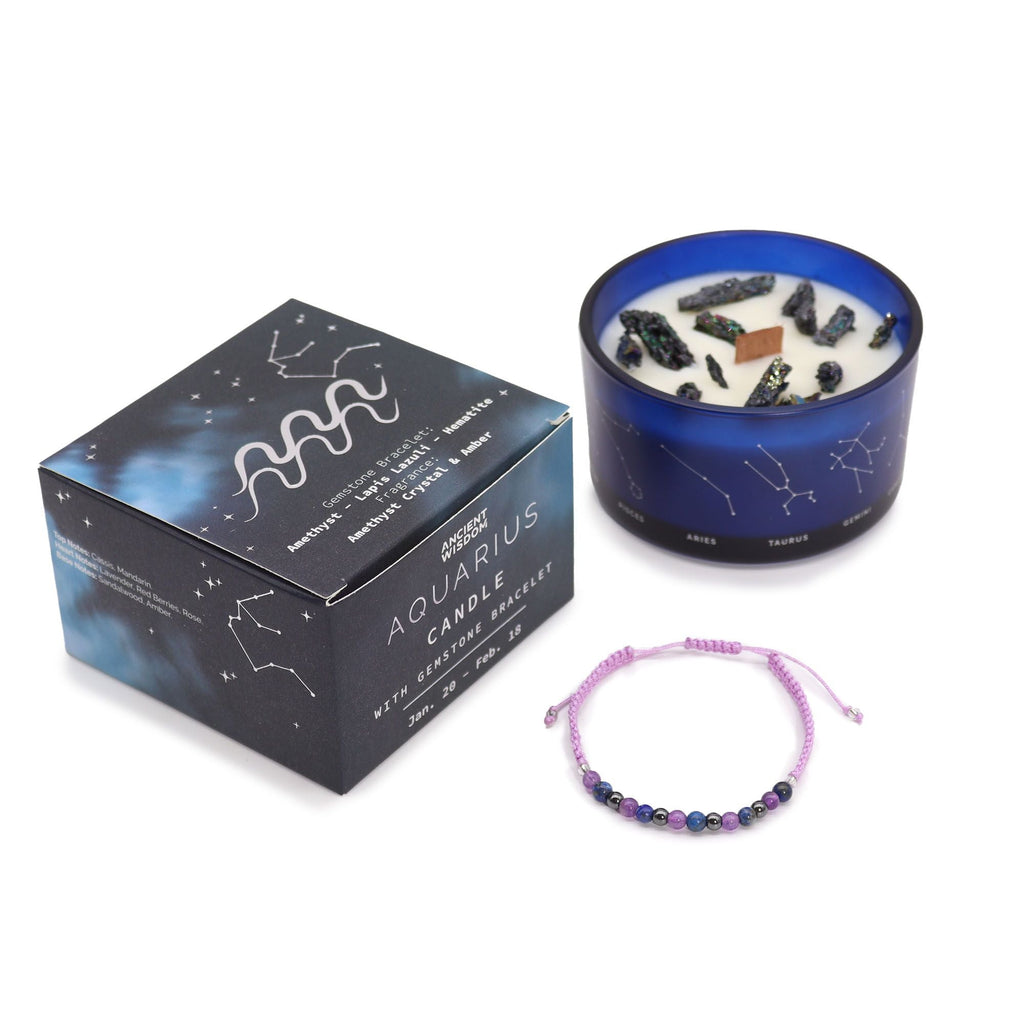 Zodiac Crystal Candle with Gemstone Bracelet - Aquarious Candles