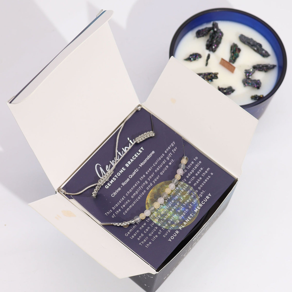 Zodiac Crystal Candle with Gemstone Bracelet - Gemini Candles