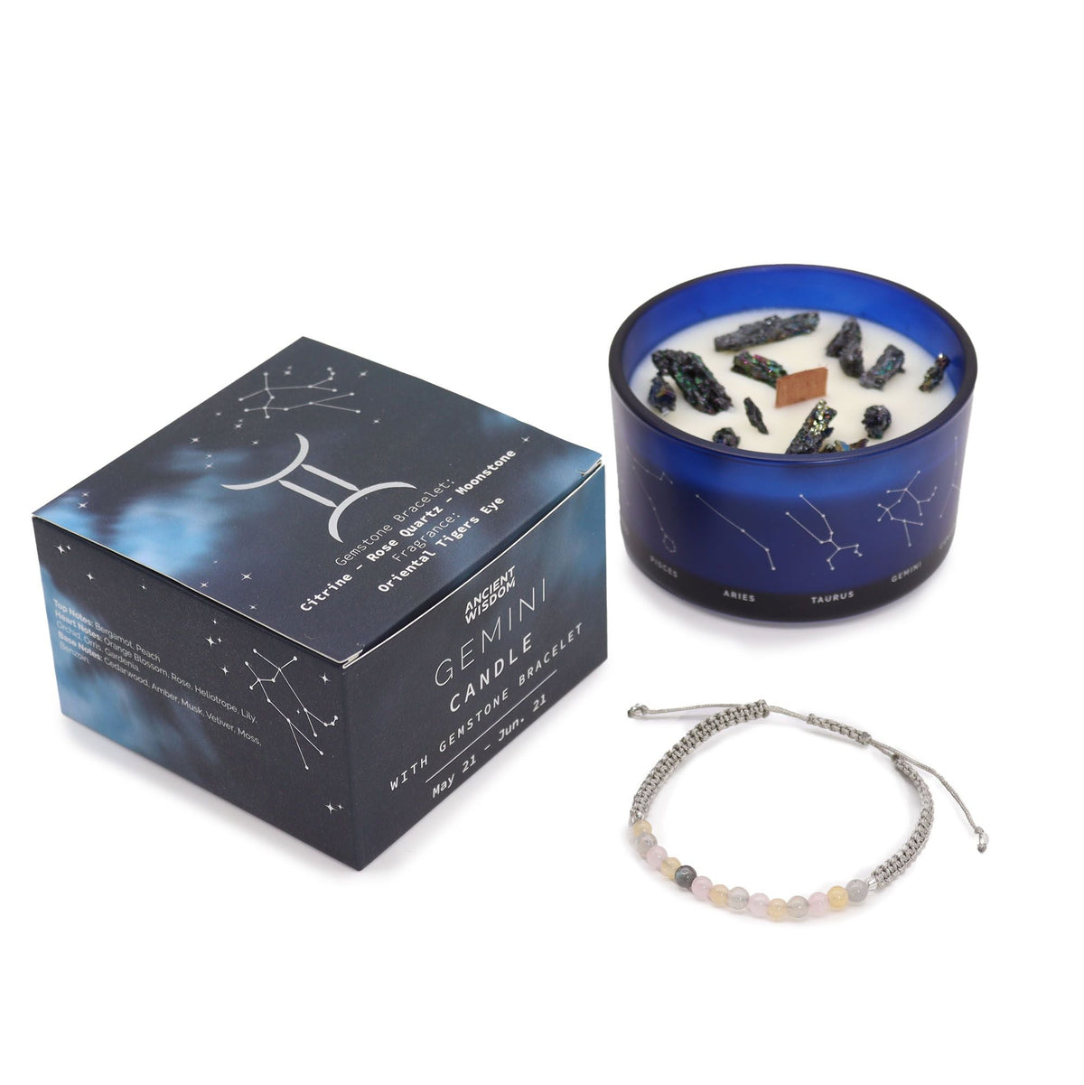 Zodiac Crystal Candle with Gemstone Bracelet - Gemini Candles